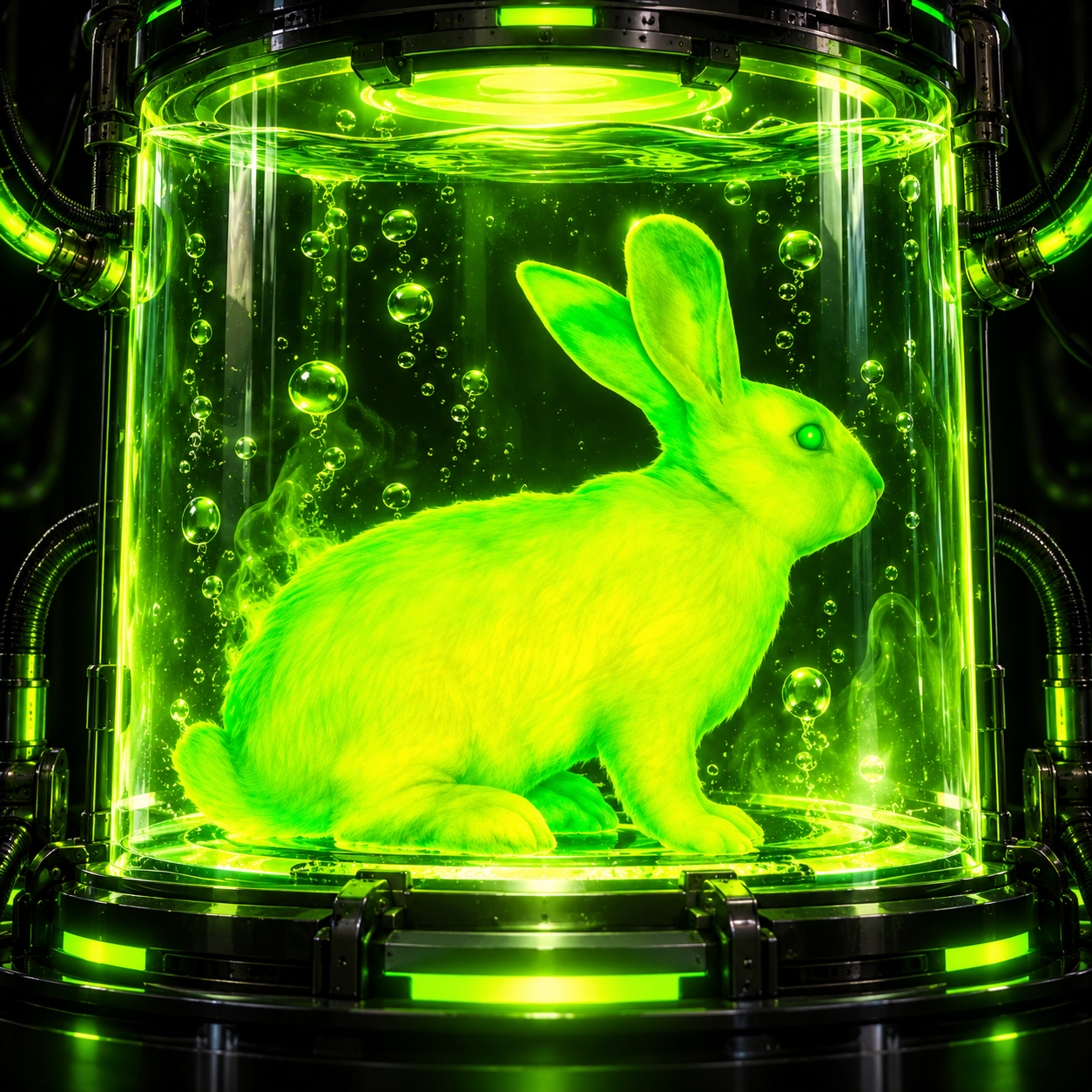Radioactive Rabbit inside a glowing containment chamber