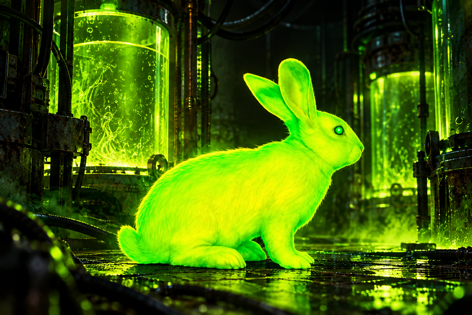 Radioactive Rabbit beneath laboratory hazard lights