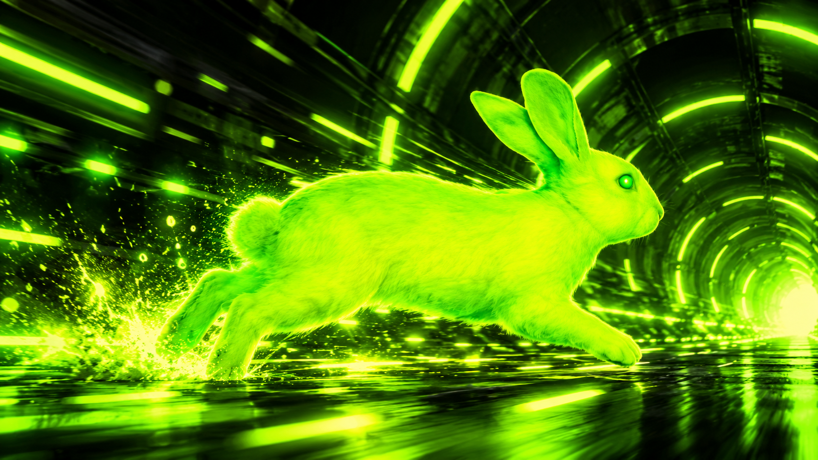 Radioactive Rabbit racing through a neon tunnel